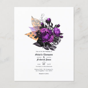 Flyer Boda floral destartalada negra, morada y naranja