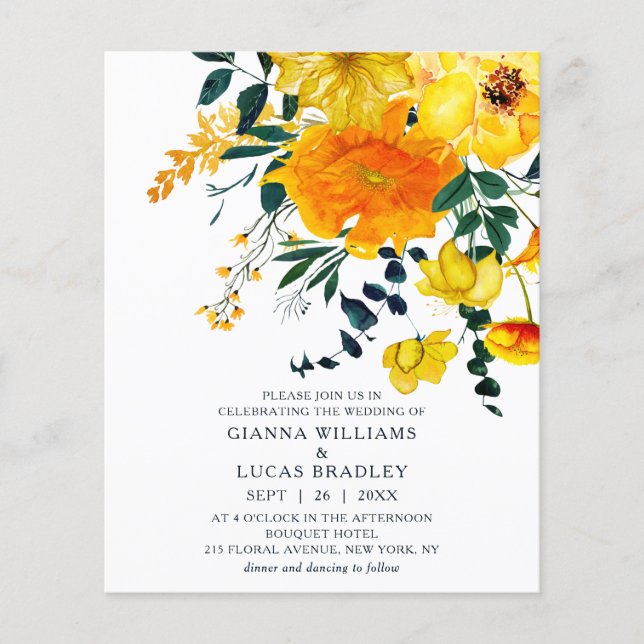 Flyer Boda floral elegante con acuarela amarilla económi (Frente)