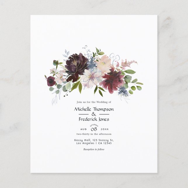 Flyer Boda floral en borgoña, azul marino y rubor (Frente)