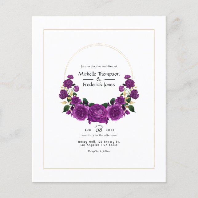 Flyer Boda floral morado y dorado (Frente)