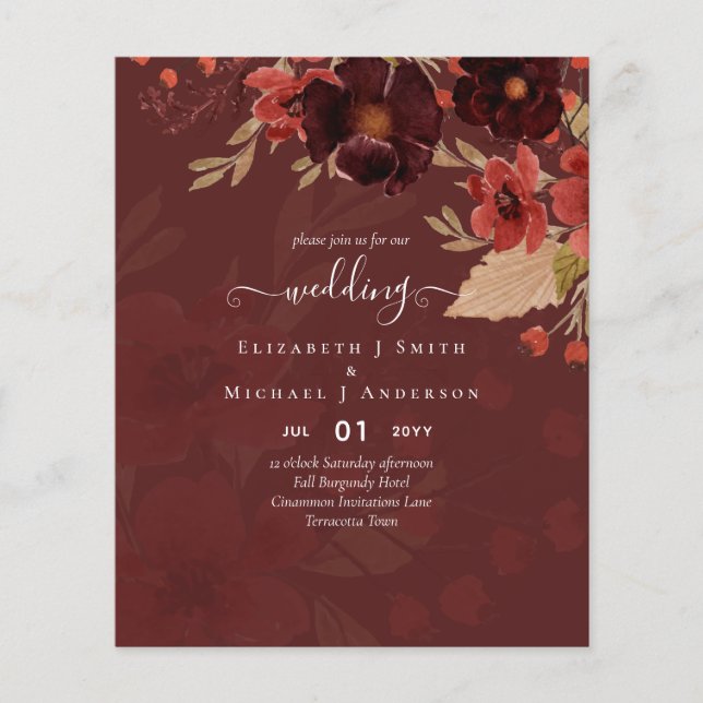 Flyer Boda floral otoño terracota rojo borgoña (Frente)
