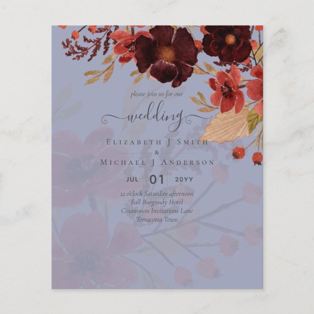 Flyer Boda floral otoño terracota rojo borgoña (Frente)