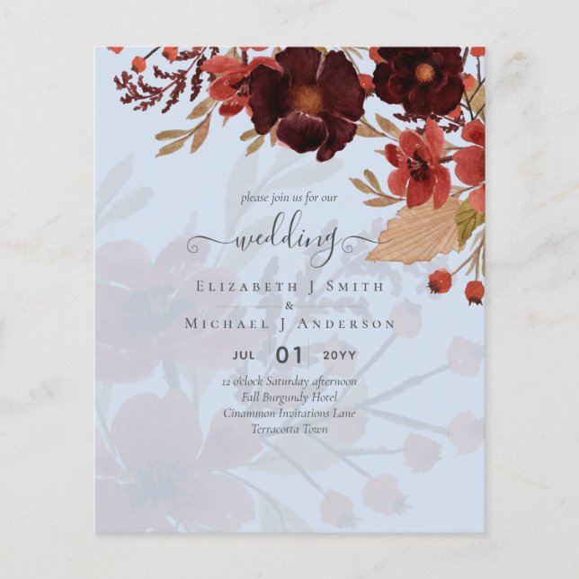 Flyer Boda floral otoño terracota rojo borgoña (Frente)