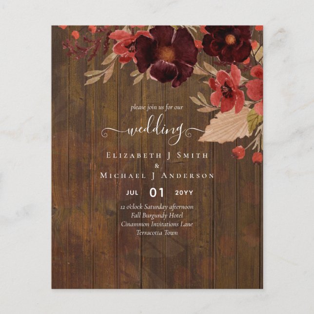 Flyer Boda floral otoño terracota rojo borgoña (Frente)