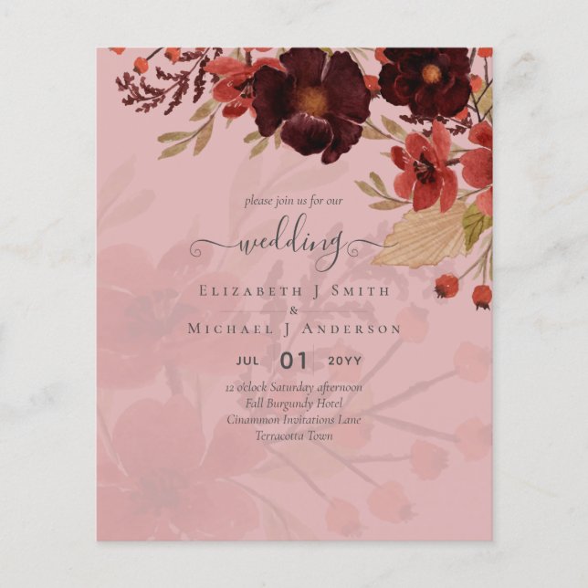 Flyer Boda floral otoño terracota rojo borgoña (Frente)
