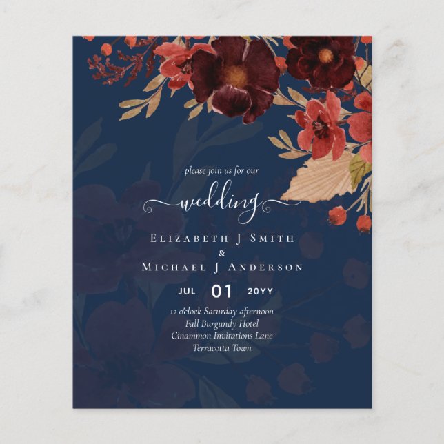 Flyer Boda floral otoño terracota rojo borgoña (Frente)