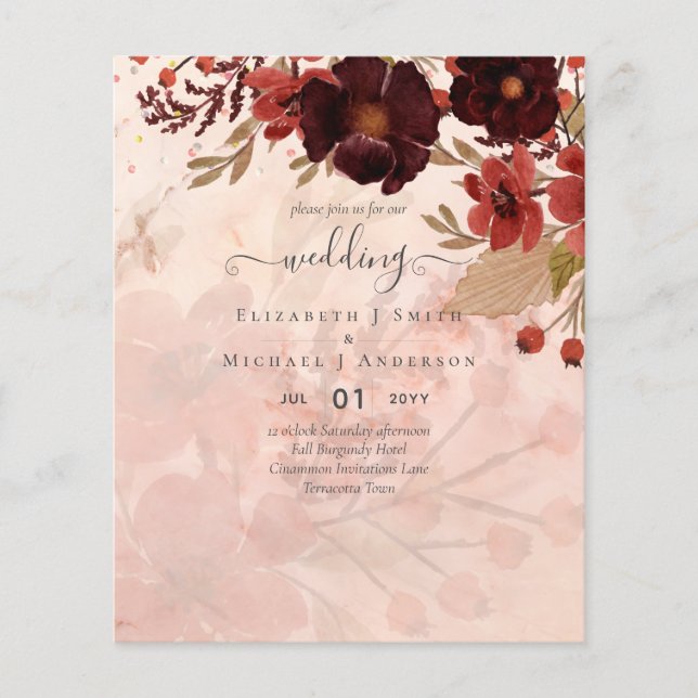 Flyer Boda floral otoño terracota rojo borgoña (Frente)