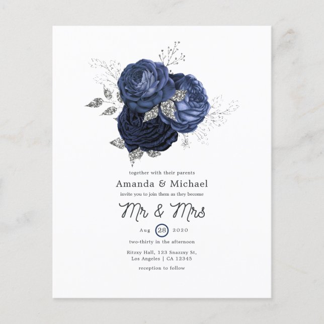 Flyer Boda floral plateado de la Marina Rusa y Purpurina (Frente)