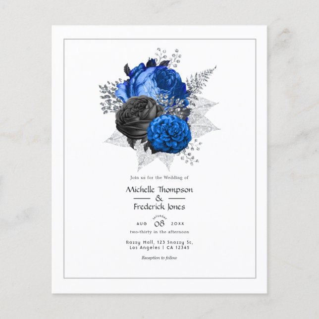 Flyer Boda floral real azul, negro y plateado (Frente)