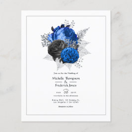 Flyer Boda floral real azul, negro y plateado