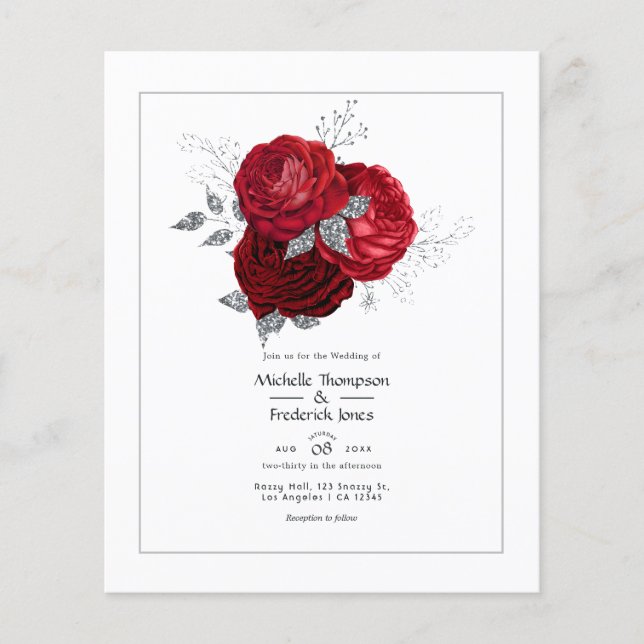 Flyer Boda floral roja y plateada (Frente)