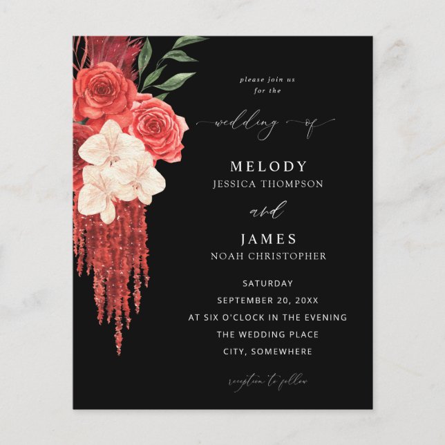 Flyer Boda floral rojo del presupuesto negro (Frente)