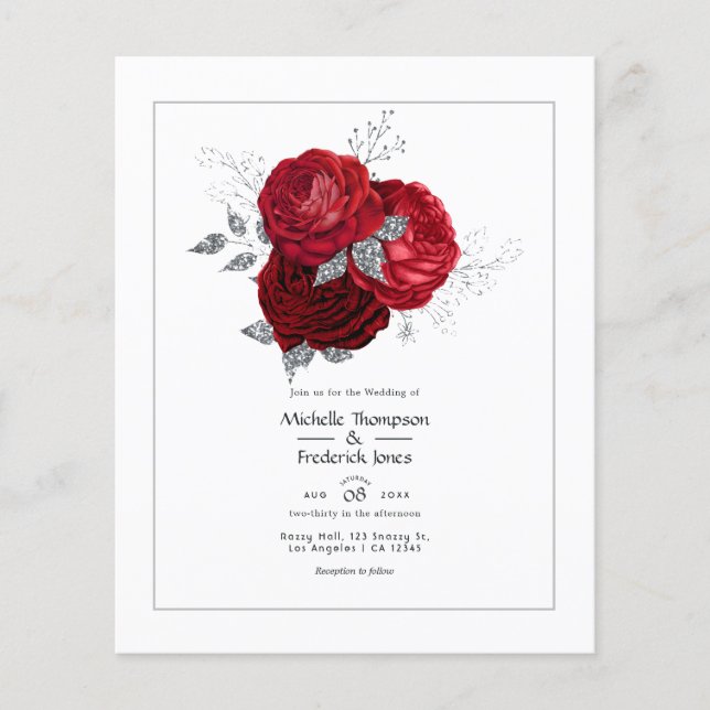 Flyer Boda floral rojo y plateado (Frente)