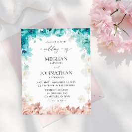 Flyer Boda floral rosa azul turquesa y Rubor