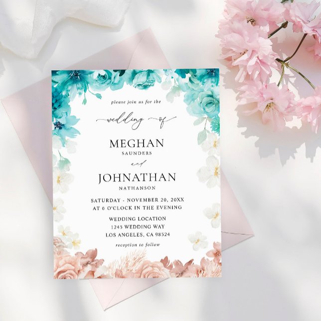 Flyer Boda floral rosa azul turquesa y Rubor (Subido por el creador)