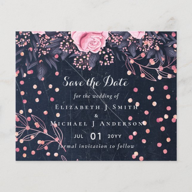 Flyer Boda floral rosa LeahG Denim Blue Rosegold (Frente)