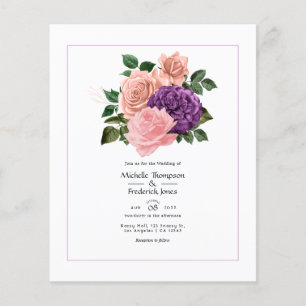Flyer Boda floral rosa melocotón y lavanda púrpura