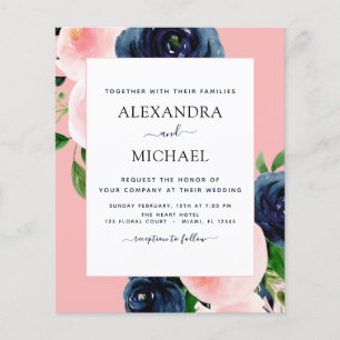 Flyer Boda floral rosa sonrosado azul marino presupuesto