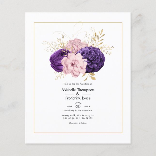 Flyer Boda floral rosa y violeta de Rubor (Frente)