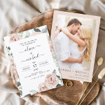 Flyer Boda floral rosada con  romántico de foto con pres<br><div class="desc">Rosas florales rosados y eucalipto Boda de color de agua de verdor botánico primavera o verano foto o boda de imagen - incluye tipografía de escritura hermosa y elegante con flores botánicas tropicales modernas y vegetación para la celebración especial del Día de la Boda.</div>
