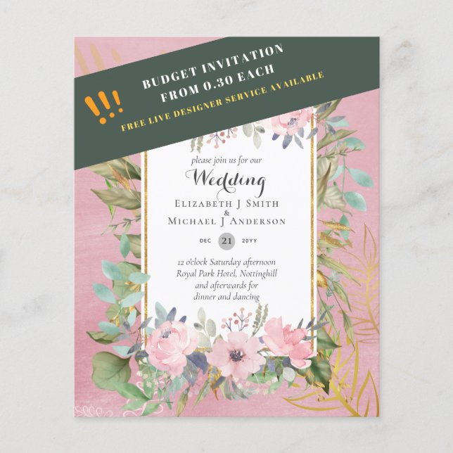 Flyer Boda floral rosada rosa Rubor de bajo precio (Frente)