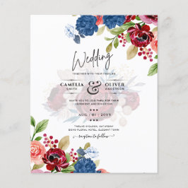 Flyer Boda Floral Rústica de Borgoña Azul