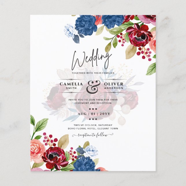 Flyer Boda Floral Rústica de Borgoña Azul (Frente)
