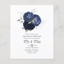 Flyer Boda floral rústica en azul marino y brillo platea