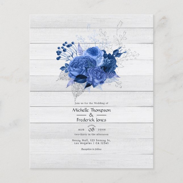 Flyer Boda floral rústica real azul y plata (Frente)