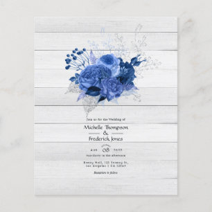 Flyer Boda floral rústica real azul y plata