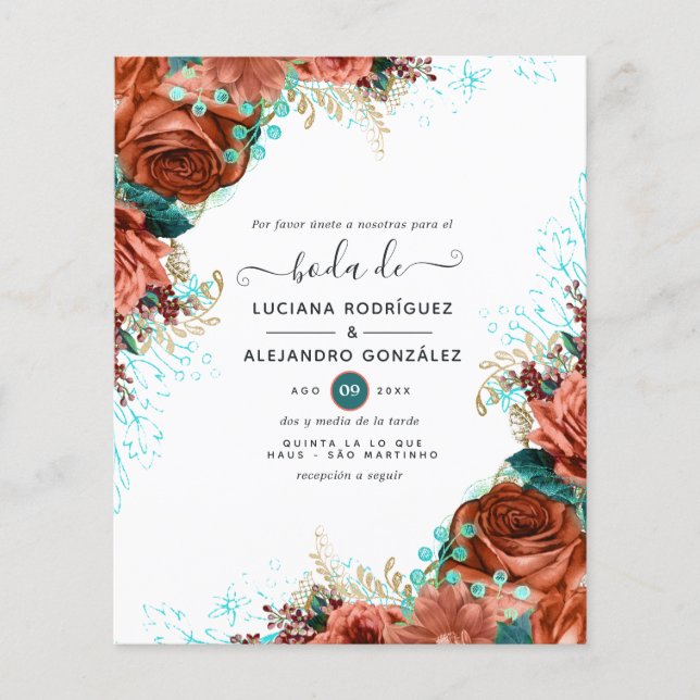 Flyer Boda floral Verde azulada y coral español (Frente)