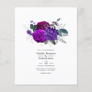 Flyer Boda floral vintage de color púrpura real y plata