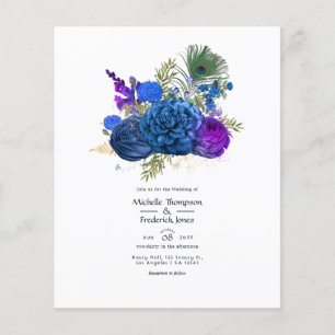 Flyer Boda Floral Vintage de Pavo Real en Azul Marino y