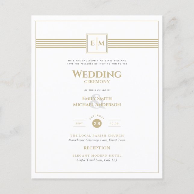 Flyer Boda formal clásico Monograma Invitación de oro bl (Frente)