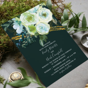 Flyer Boda fotográfico de oro floral turquesa verde del 