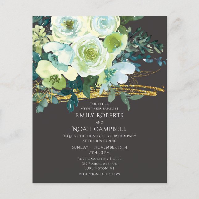 Flyer Boda fotográfico de oro floral verde turquesa pres (Frente)