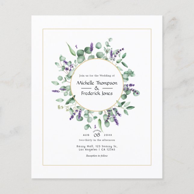 Flyer Boda geométrica de oro y lavanda de eucalipto (Frente)