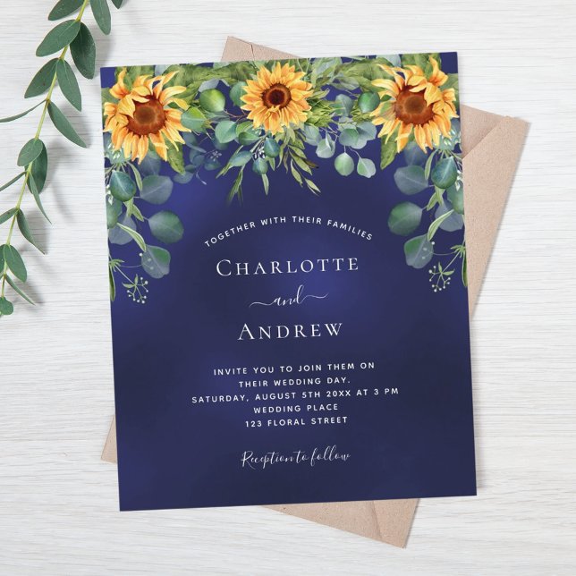 Flyer Boda girasoles eucalipto presupuesto azul marino (Subido por el creador)
