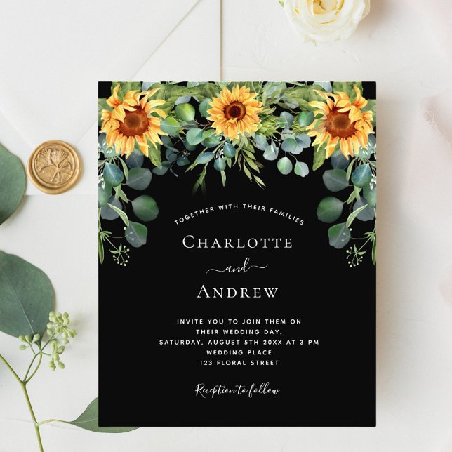 Flyer Boda girasoles eucalipto presupuesto negro (Subido por el creador)