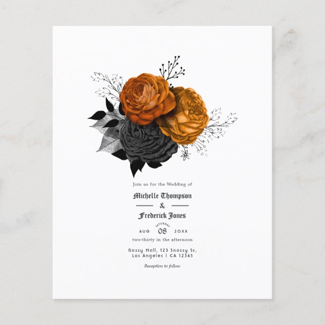Flyer Boda gótico floral negro y Naranja (Frente)