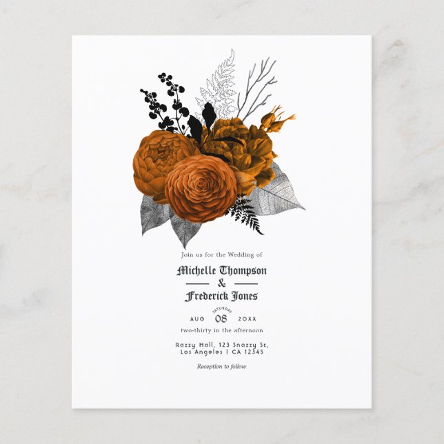 Flyer Boda gótico floral negro y Naranja (Frente)