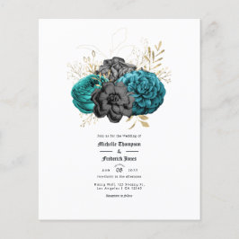 Flyer Boda gótico floral verde azulado, negro y dorado