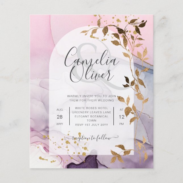 Flyer Boda LeahG Ink Ombre Púrpura Rosa Oro (Frente)