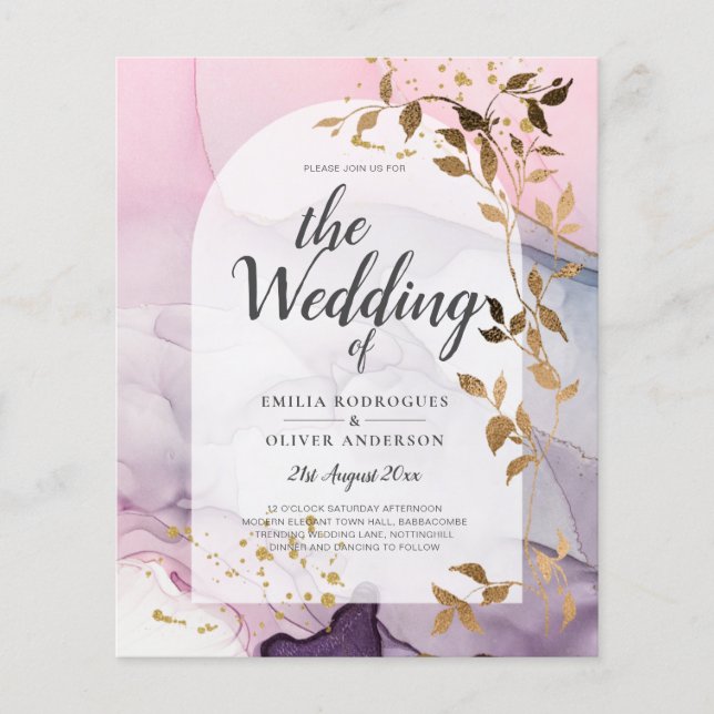 Flyer Boda LeahG Ink Ombre Púrpura Rosa Oro (Frente)