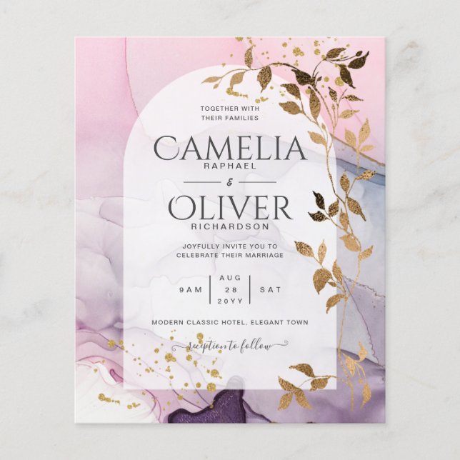 Flyer Boda LeahG Ink Ombre Púrpura Rosa Oro (Frente)