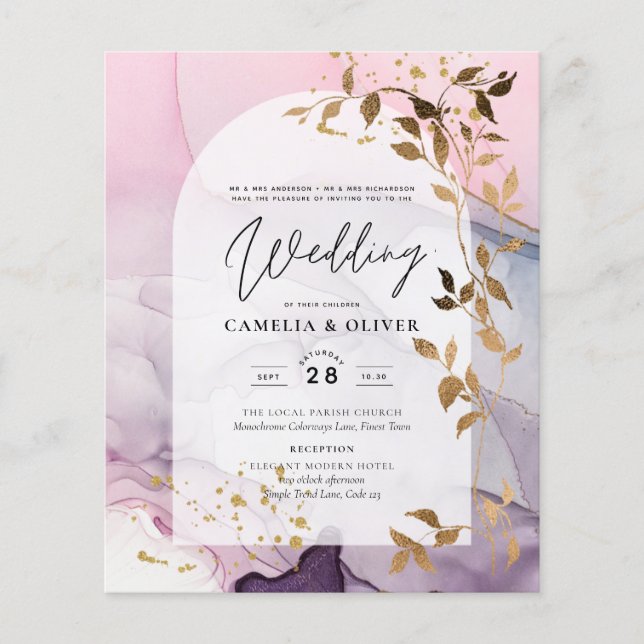 Flyer Boda LeahG Ink Ombre Púrpura Rosa Oro (Frente)