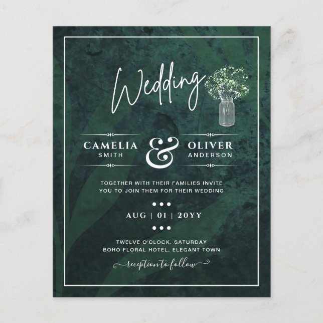Flyer Boda Mason Jar de Gypsophila verde esmeralda LeahG (Frente)
