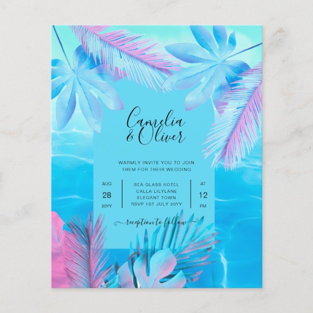 Flyer Boda Moderna Tropical de Verano Azul Acuático Rosa (Frente)