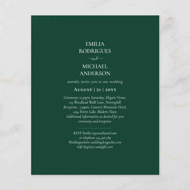 Flyer BODA Monocromo Verde Esmeralda Presupuestario (Frente)