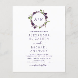 Flyer Boda morado con polvo de flores monograma presupue